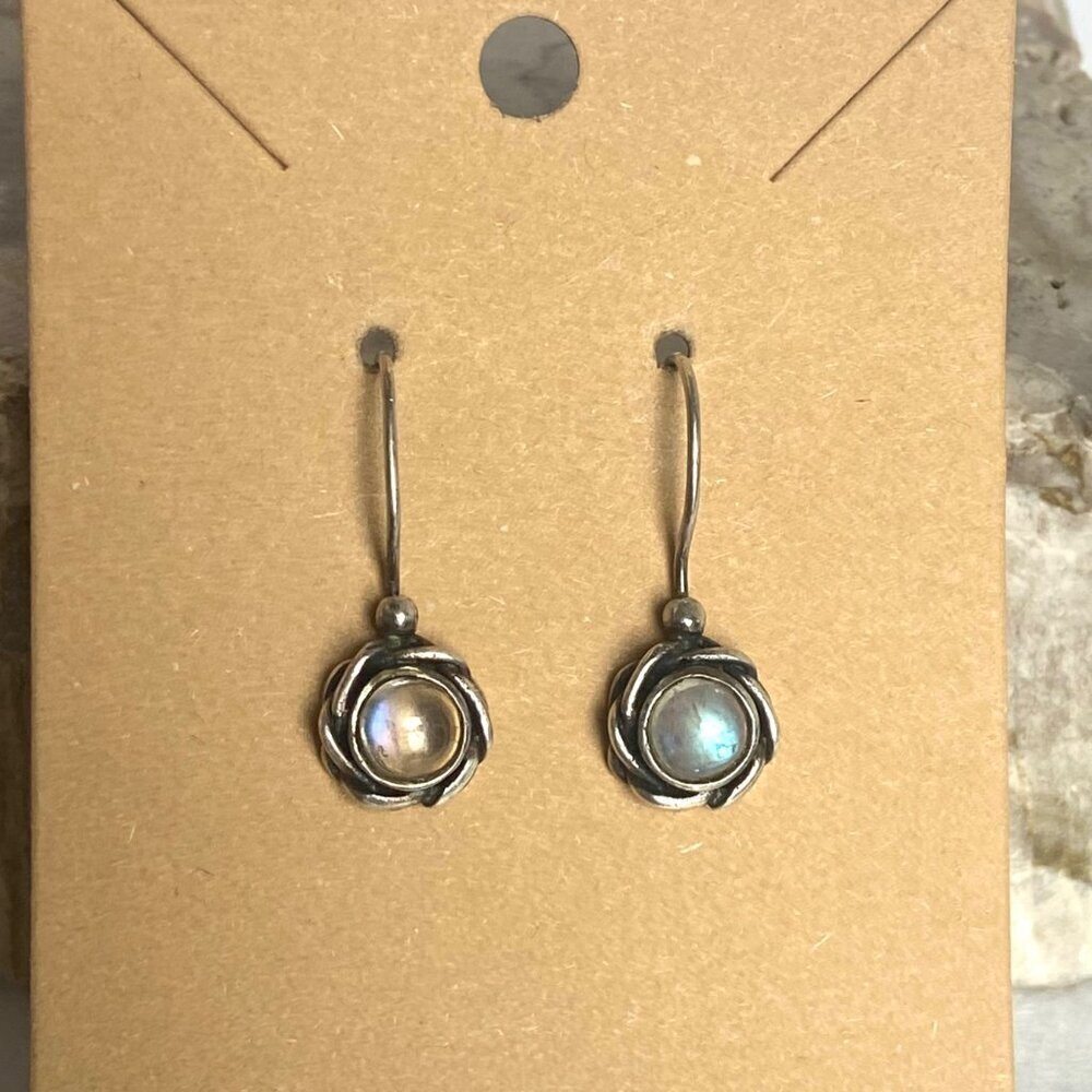 Sterling Silver 925 Round Floral Moonstone Drop Dangle Earrings - Picture 7 of 16